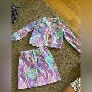 Kids,jean denim jacket and skirt set size 6X on the jacket and six on the skirt